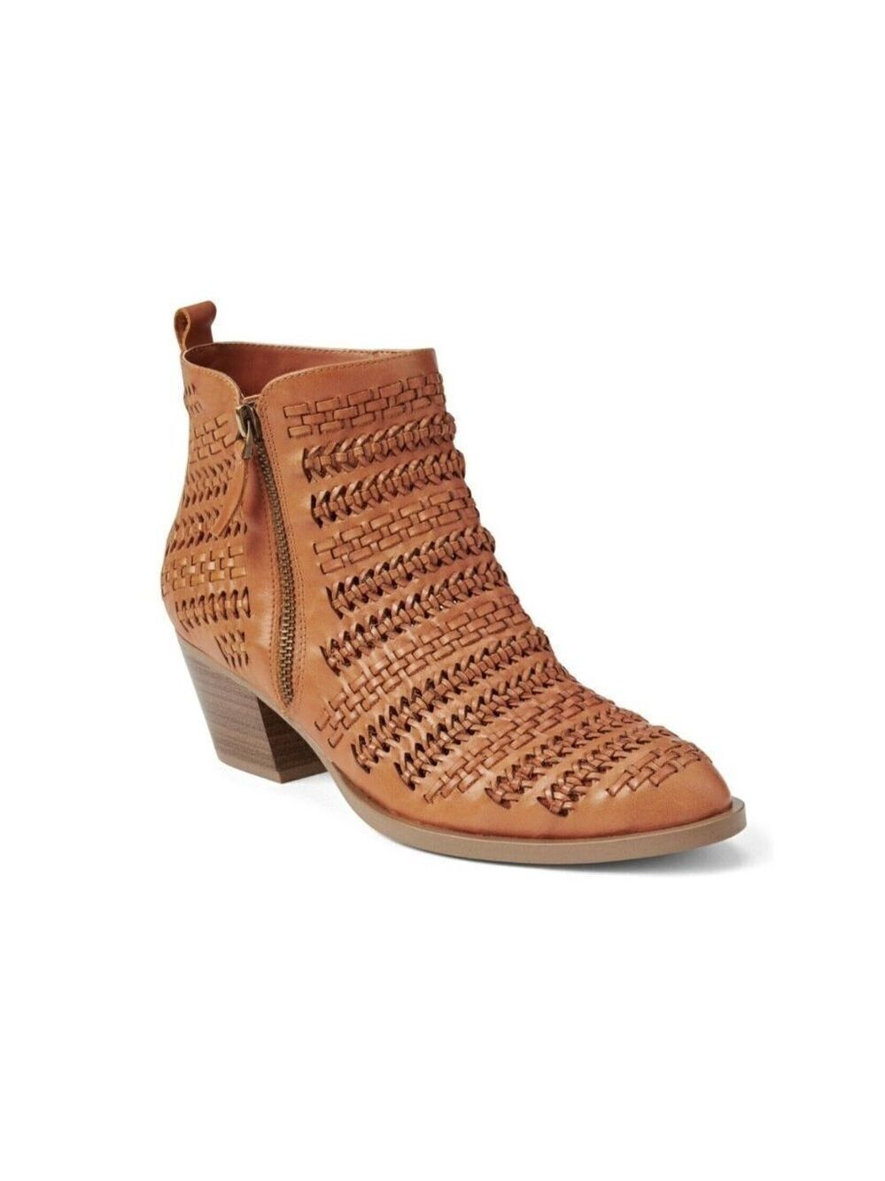 GAP Womens Woven Leather Ankle Bootie 8 British Tan Stacked Mid Heel Boho